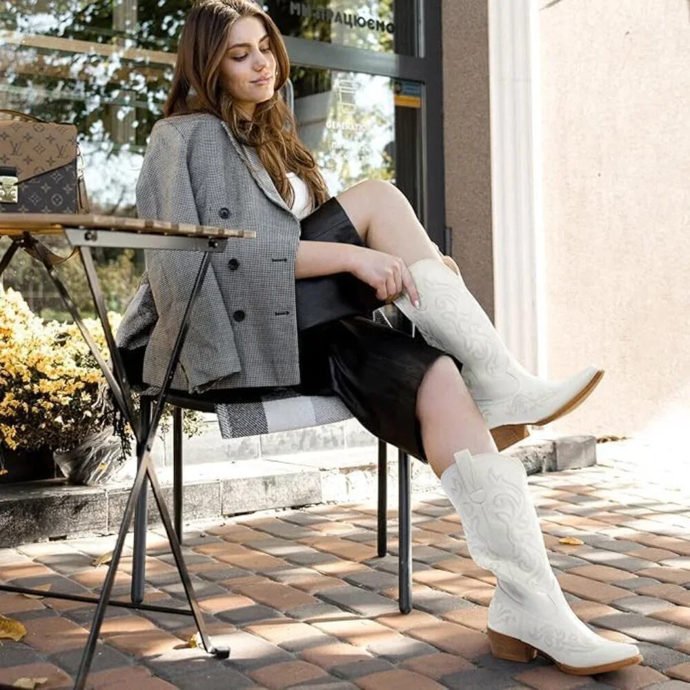 Women White Western Cowgirl Boots Snip Toe Mid-Calf Chunky Heel Ladies Shoe